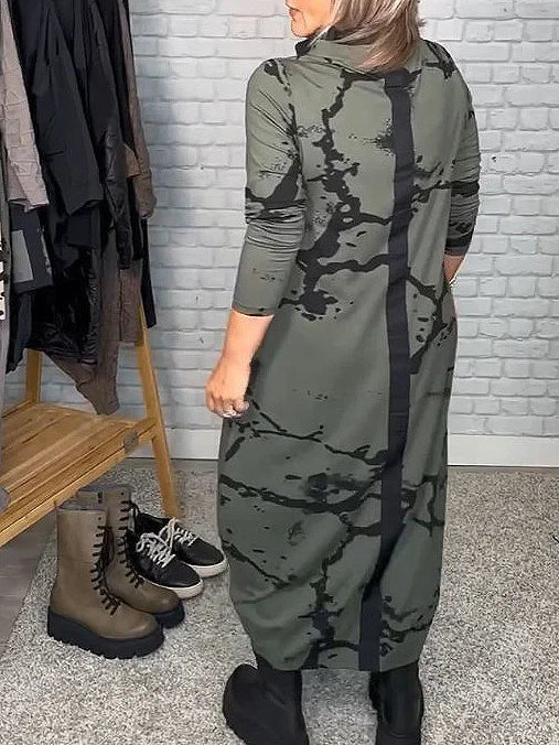Dress with Long Sleeves and Retro Pattern – Livienne-Green-S-The Livary