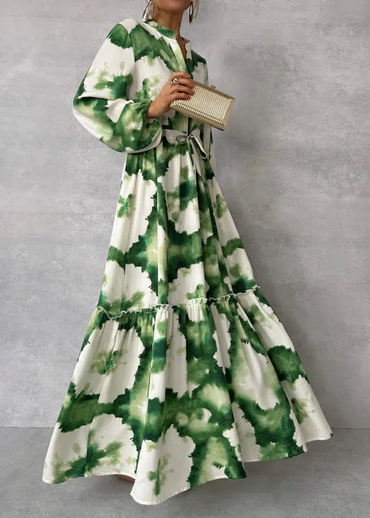 Drizella - Green maxi dress with long sleeves and pointed neckline-S-Nora Luxe