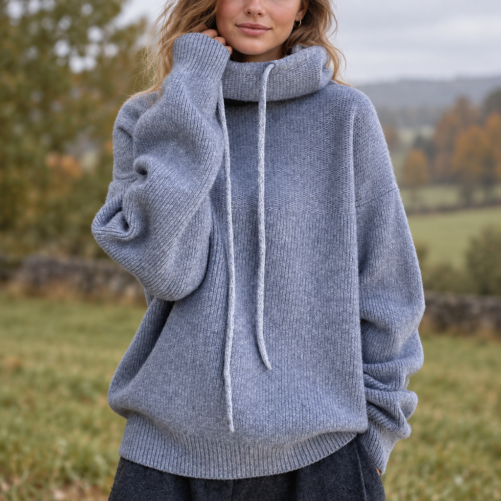 Model in a gray oversized knit turtleneck with drawstrings, standing outdoors in an autumn field 1