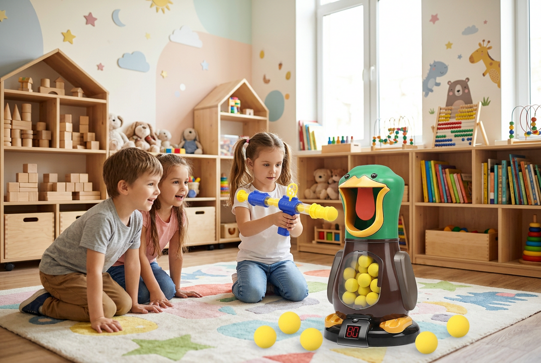 Three children kneel on a colorful rug in a playroom as a girl aims a blaster at the duck target 1