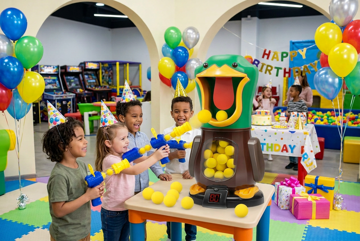 Kids in party hats aim blue foam blasters at the duck target at a birthday party 1
