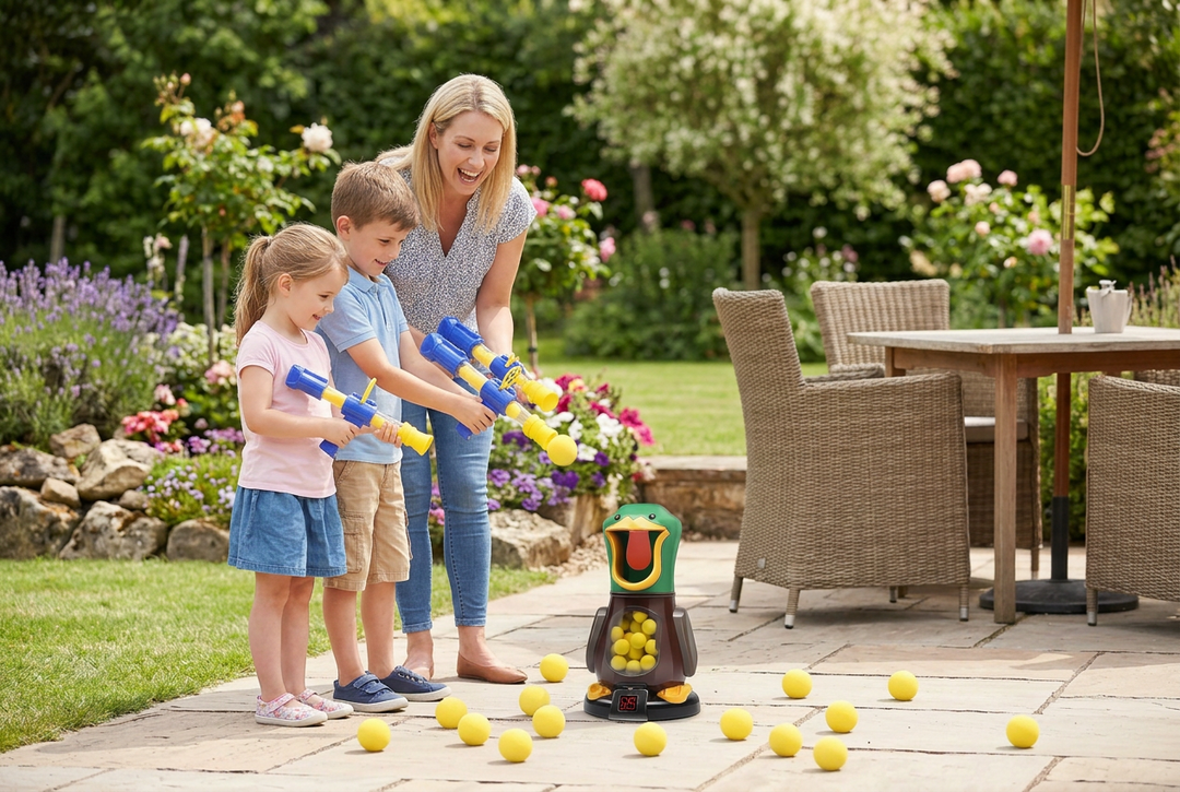 Mother and two children aim blue-and-yellow foam blasters at the duck target on a sunny garden patio 1