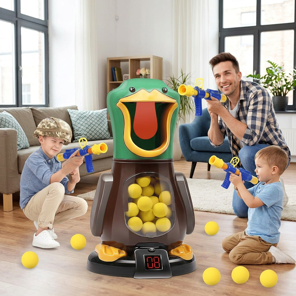 Man and two boys aim foam-ball blasters at the green duck target in a living room 1