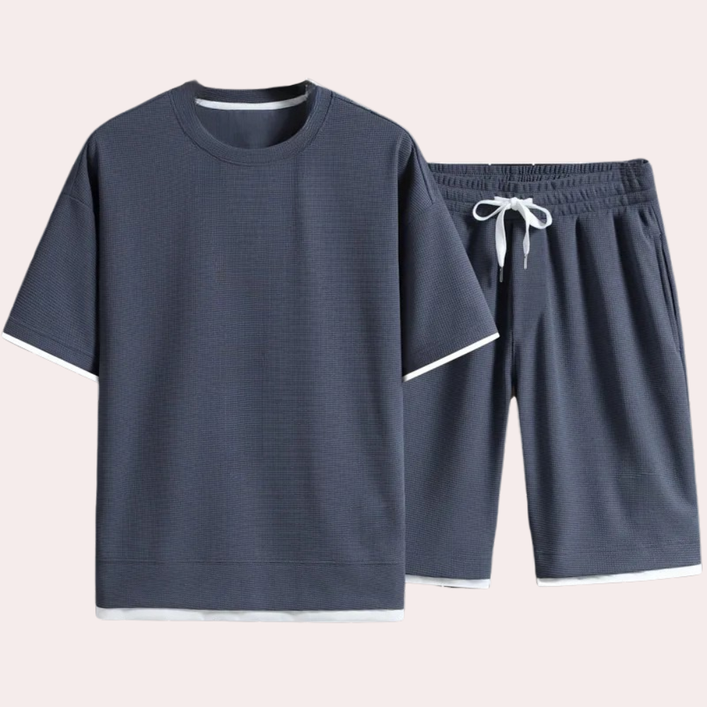 Dunkelblauer Herren-Pyjama-Set, Kurzarmshirt und Shorts, Baumwolle, bequem, lässig.