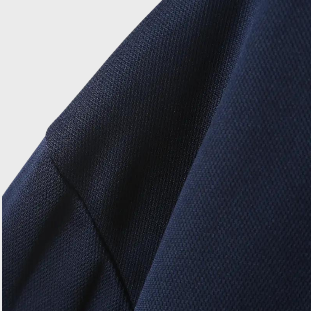 Dunkelblauer Stoff, Nahaufnahme, Textur, Polyester, hochwertig, strapazierfähig, Bekleidungsmaterial.