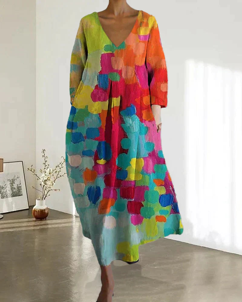 Vestido estampado colorido com decote em V - Kim