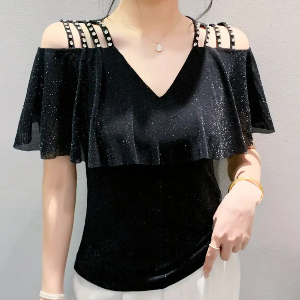 Schwarzes schulterfreies Top mit Glitzer, Perlenverzierung, V-Ausschnitt, Damenmode.