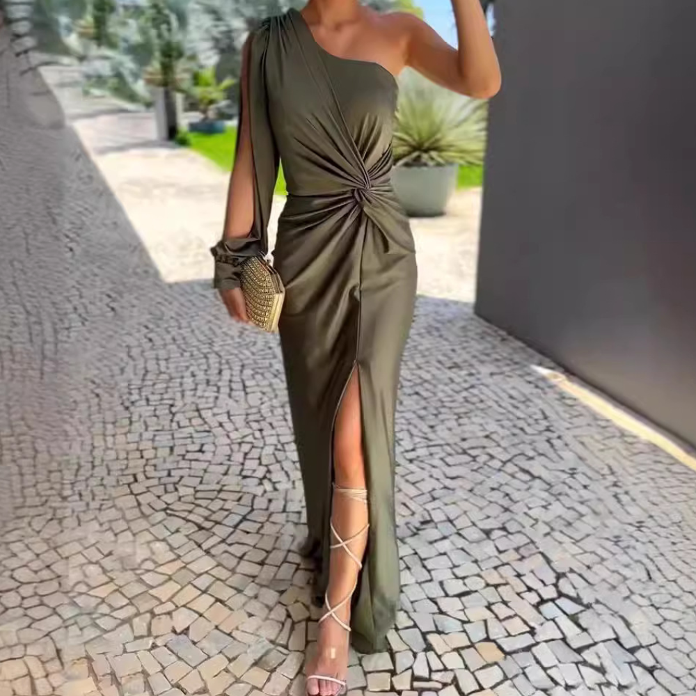 Damen Maxikleid, Armeegrün, asymmetrisch, ärmellos, elegantes Design, Sommermode.