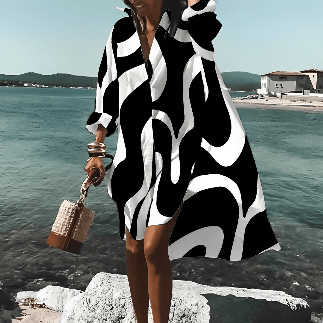 Vestido midi estampado fashion com padrão único - Mia Belle