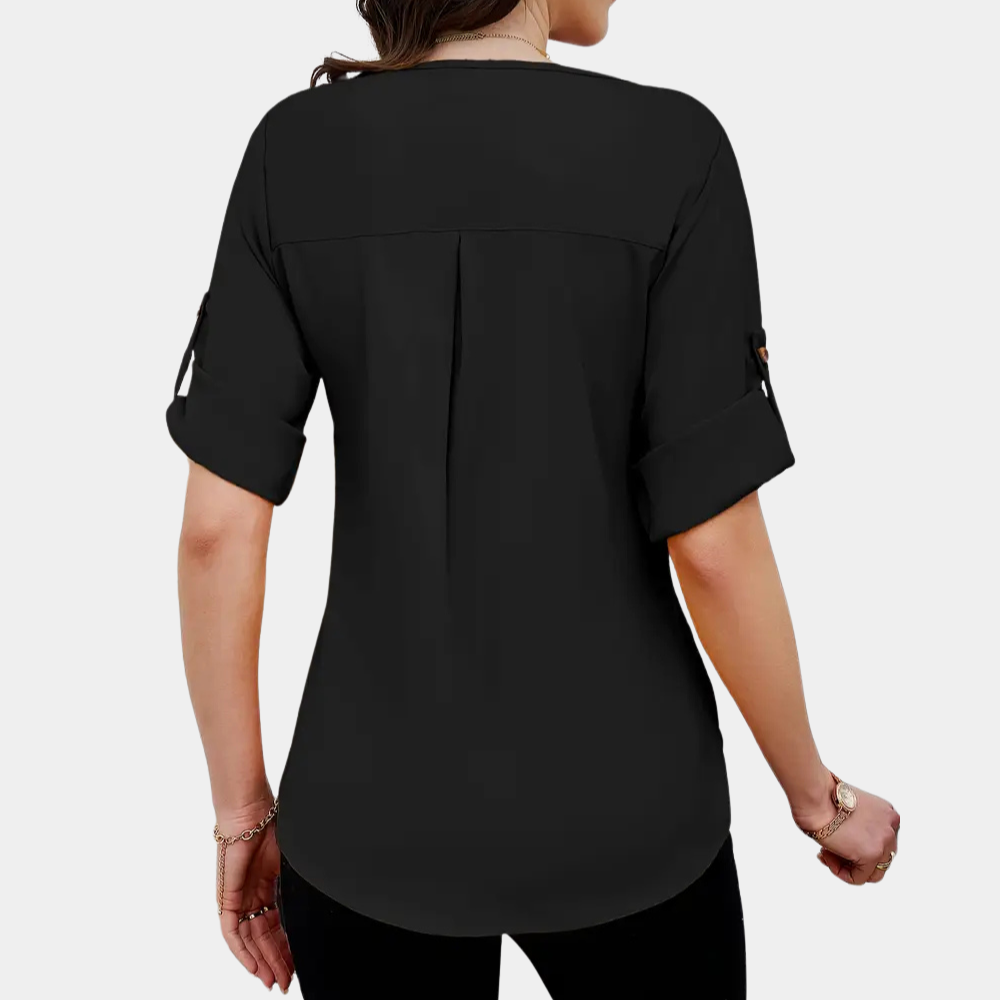 Damenbluse schwarz, kurzarm, lässig, elegantes Design, ideal für Büro und Freizeit.