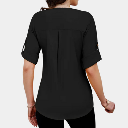 Damenbluse schwarz, kurzarm, lässig, elegantes Design, ideal für Büro und Freizeit.