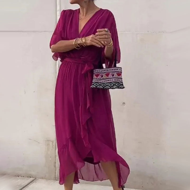 Fallaway Maxi Dress with V-Neck – Elara-Purple-M-The Livary