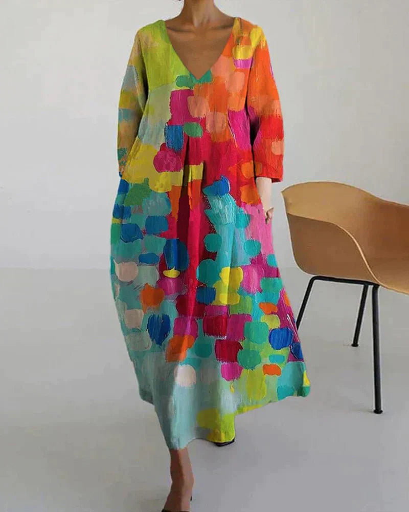 Vestido estampado colorido com decote em V - Kim