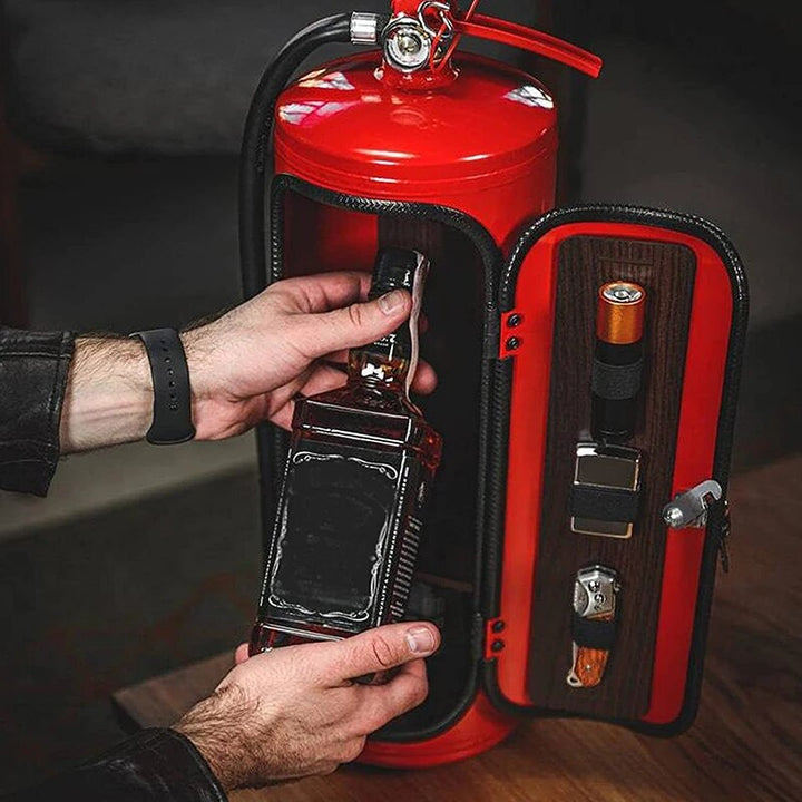 Man's hands sliding a bottle into the open red cabinet, whose door holds a wood-grain panel with small accessories 8