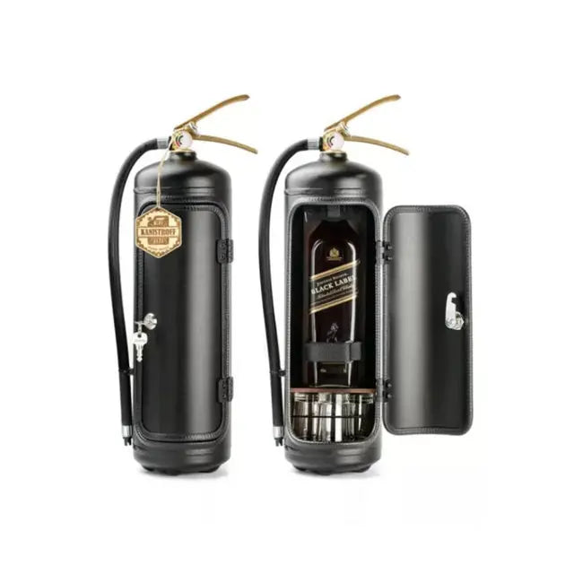 Two black extinguisher-style cabinets with brass handles, one closed with a key and one open showing a bottle 3