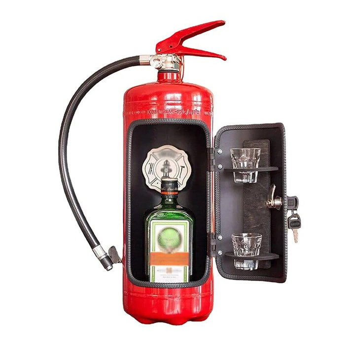 Red extinguisher-shaped cabinet with its door open, showing a bottle and two shot glasses on the door shelves 1