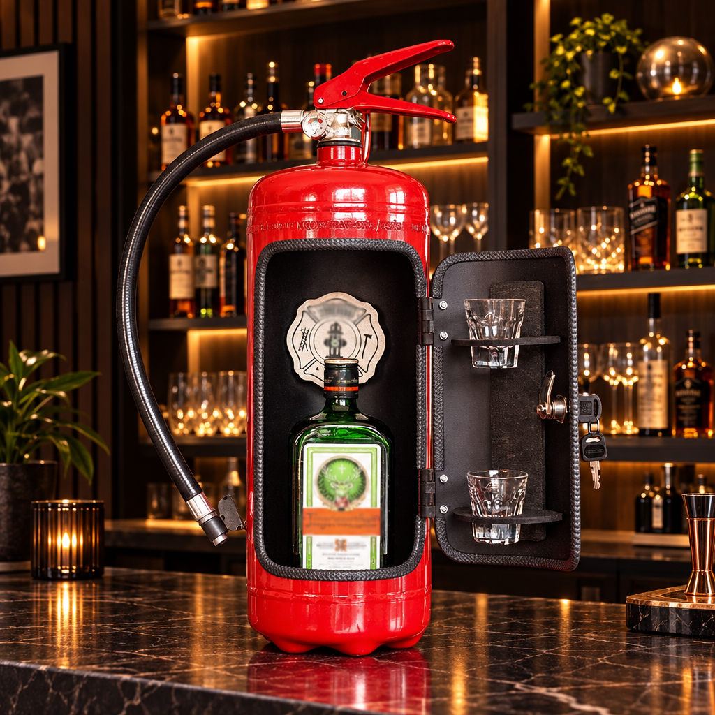 Red extinguisher-style cabinet open on a marble bar counter, with a green bottle, shot glasses and shelves behind 9