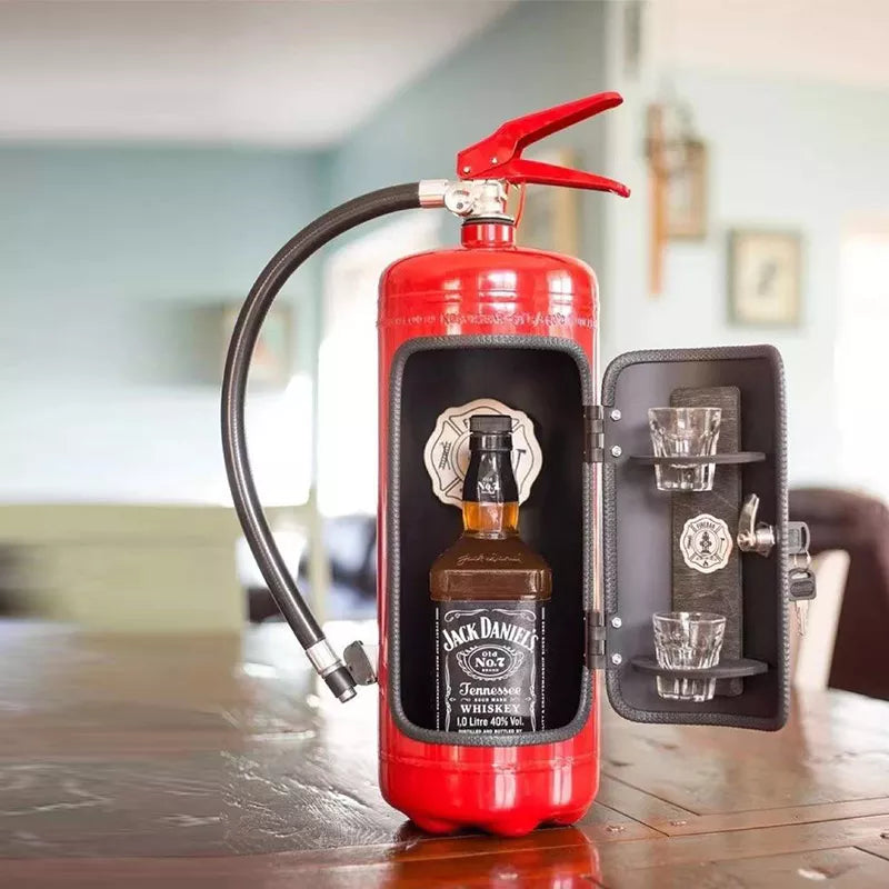 Open red cabinet on a wooden table holding a whiskey bottle, with two shot glasses on the door 7