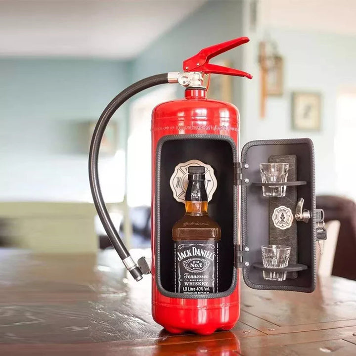 Open red cabinet on a wooden table holding a whiskey bottle, with two shot glasses on the door 7