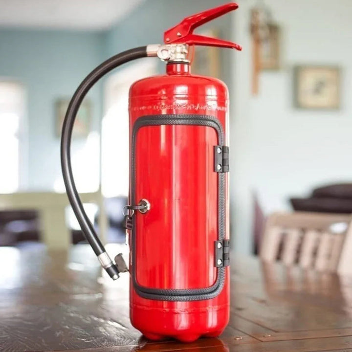 Closed red extinguisher-shaped cabinet standing on a wooden table in a bright living room 4