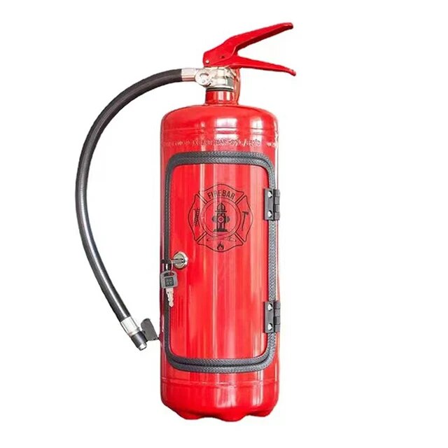 Closed red extinguisher-style cabinet on white background, front door with black trim, lock and key, and a printed emblem 4