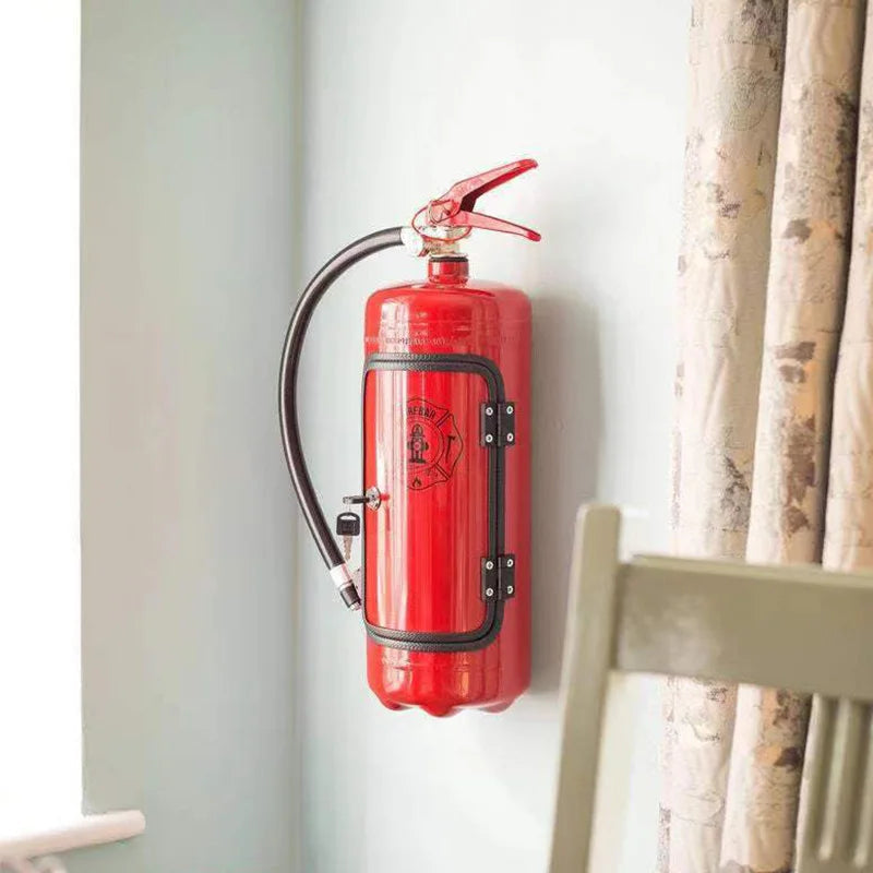 Closed red cabinet mounted on a pale wall beside a curtain and a chair 5