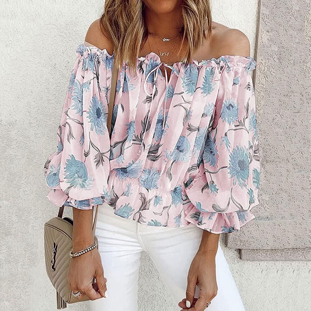 Floral Women's Chiffon Blouse with Ruffled Sleeves - Elvira-Pink-S-Nora Luxe