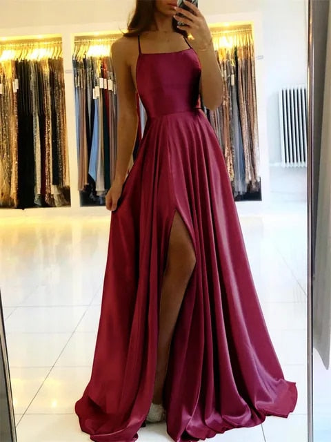 Flowy Maxi Dress with Side Split – Selina-Bordeaux red-S-The Livary