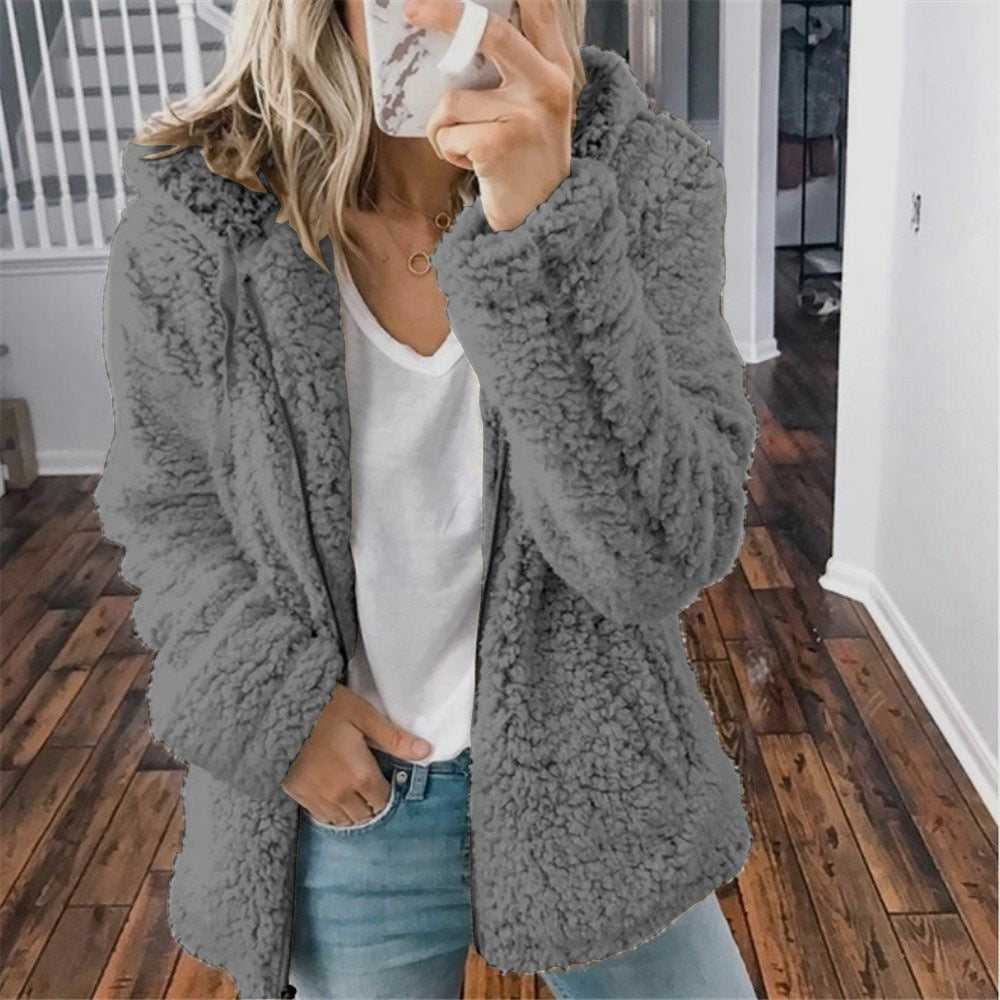 Fluffy Ladies' Jacket with Hood - Sofia-Dark Gray-S-Nora Luxe