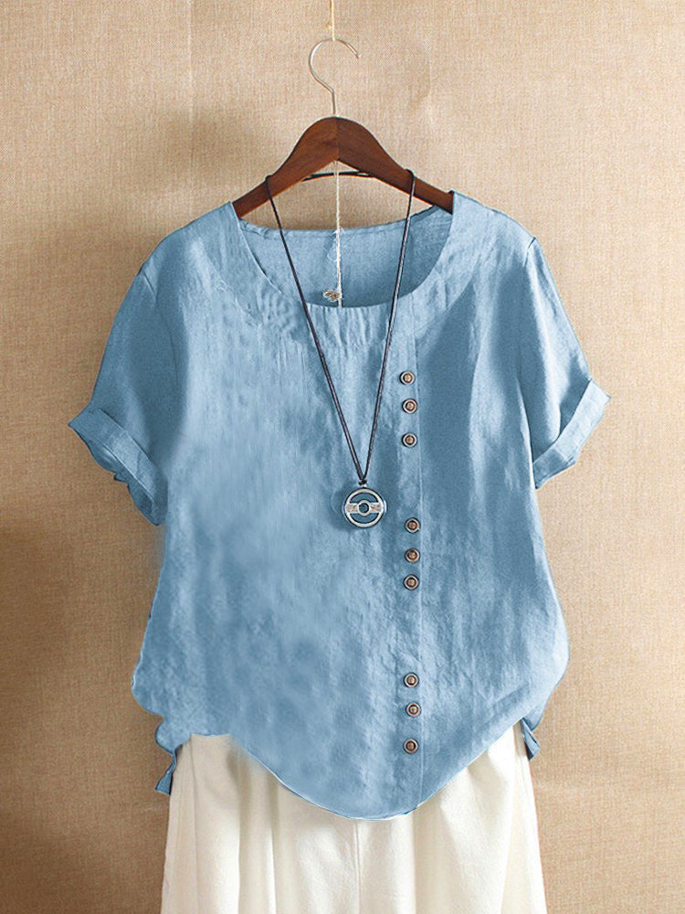 Camiseta clássica de cor sólida com mangas curtas e decote redondo - Emma