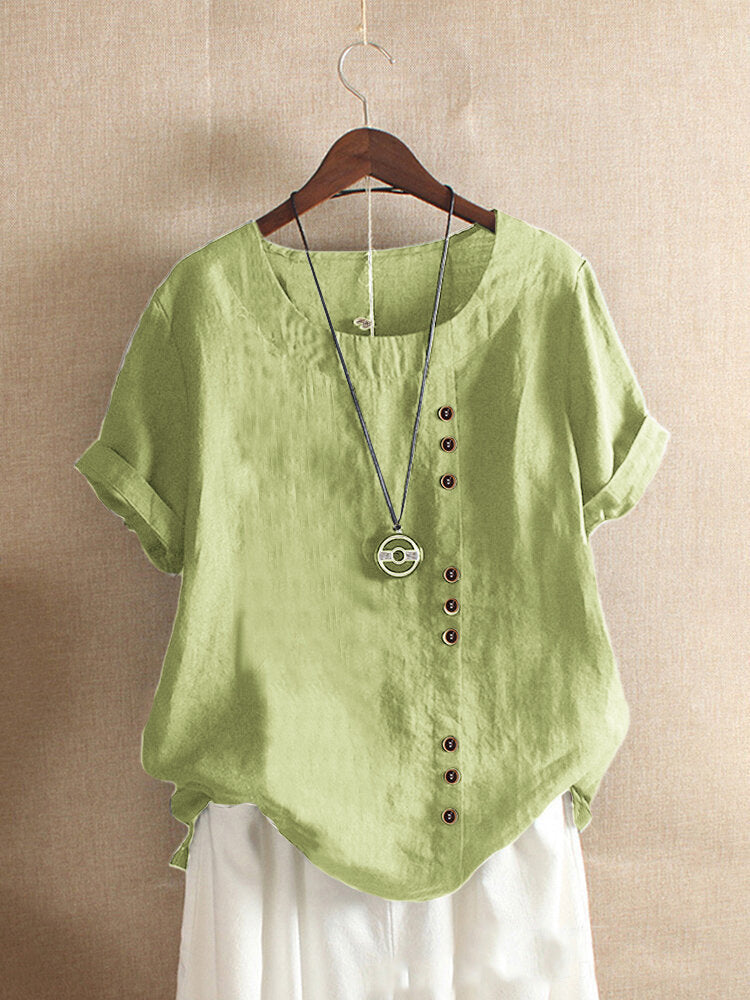 Camiseta clássica de cor sólida com mangas curtas e decote redondo - Emma