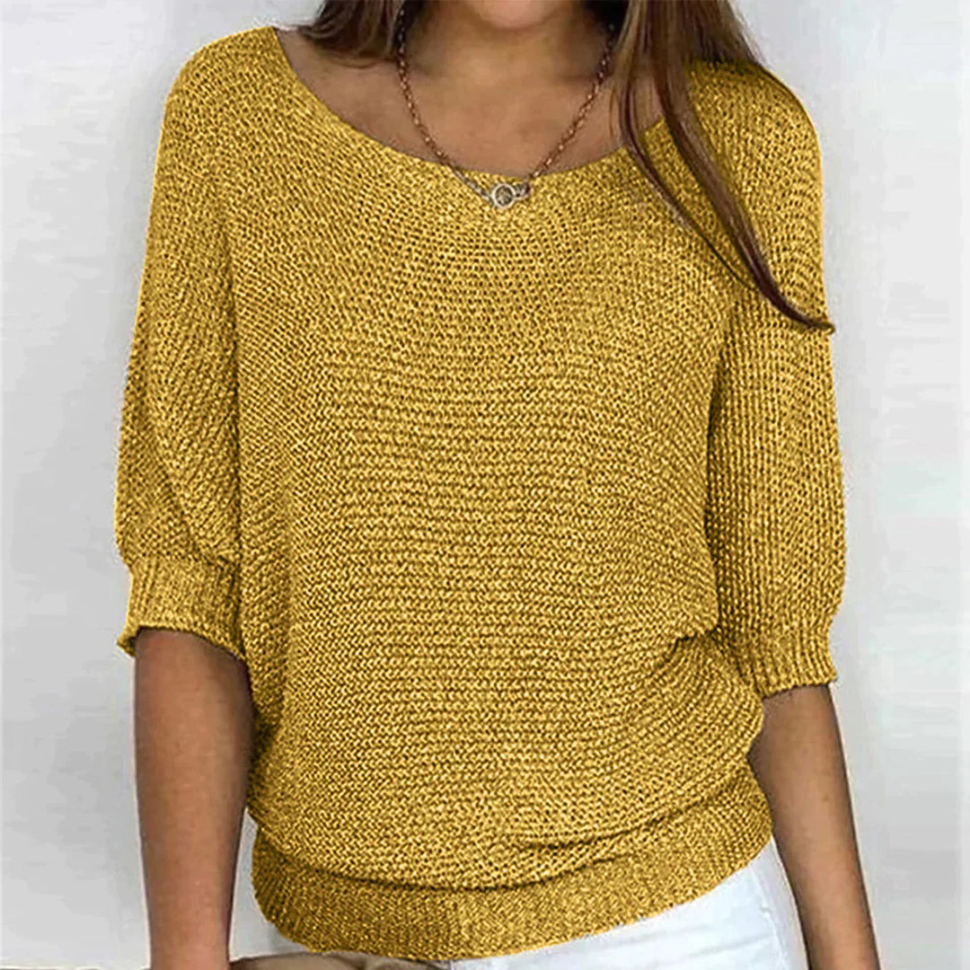 Gelber Strickpullover Damen, lässig, 3/4-Ärmel, Rundhals, modisch, bequem, Freizeitmode.