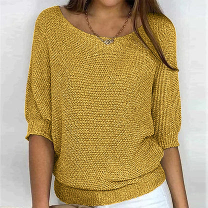 Gelber Strickpullover Damen, lässig, 3/4-Ärmel, Rundhals, modisch, bequem, Freizeitmode.
