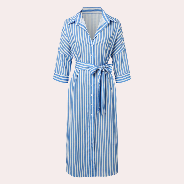Gestreiftes blau-weißes Hemdblusenkleid mit Gürtel, 3/4-Ärmel, Knopfleiste, Damenmode.