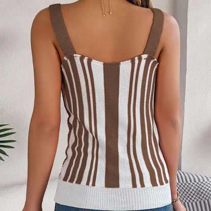 Damen-Top gestreift braun-weiß, ärmellos, Baumwolle, Sommermode, Rückansicht.