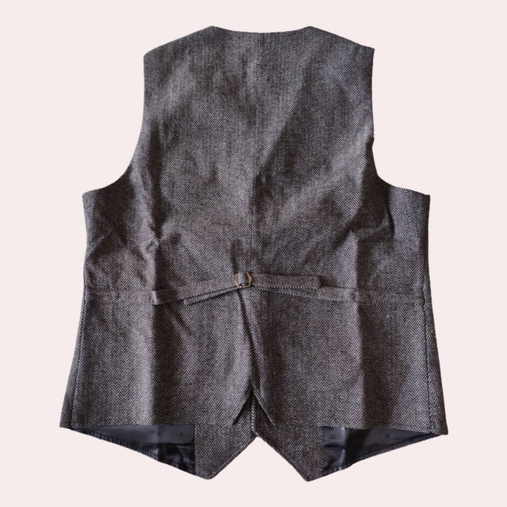 Graue Tweed-Weste aus Wolle, Rückansicht, verstellbarer Riegel, Herrenmode, elegant.