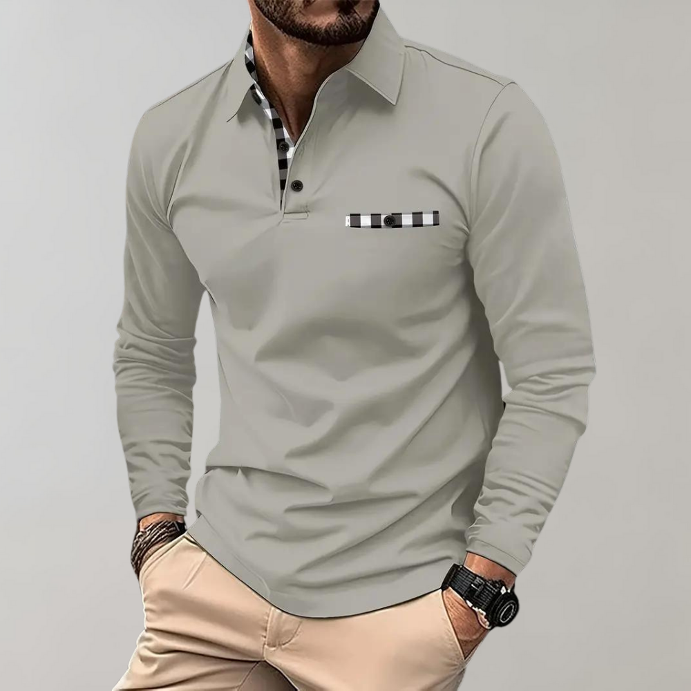 Graues Herren-Poloshirt mit Karomuster, Langarm, Baumwolle, modisch, elegant.