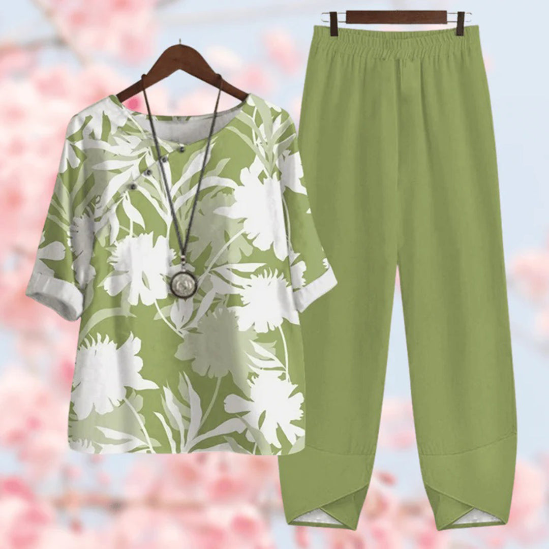 Grünes Damen-Set, florales Muster, Baumwolle, bequem, elegant, Frühling, Freizeitmode.