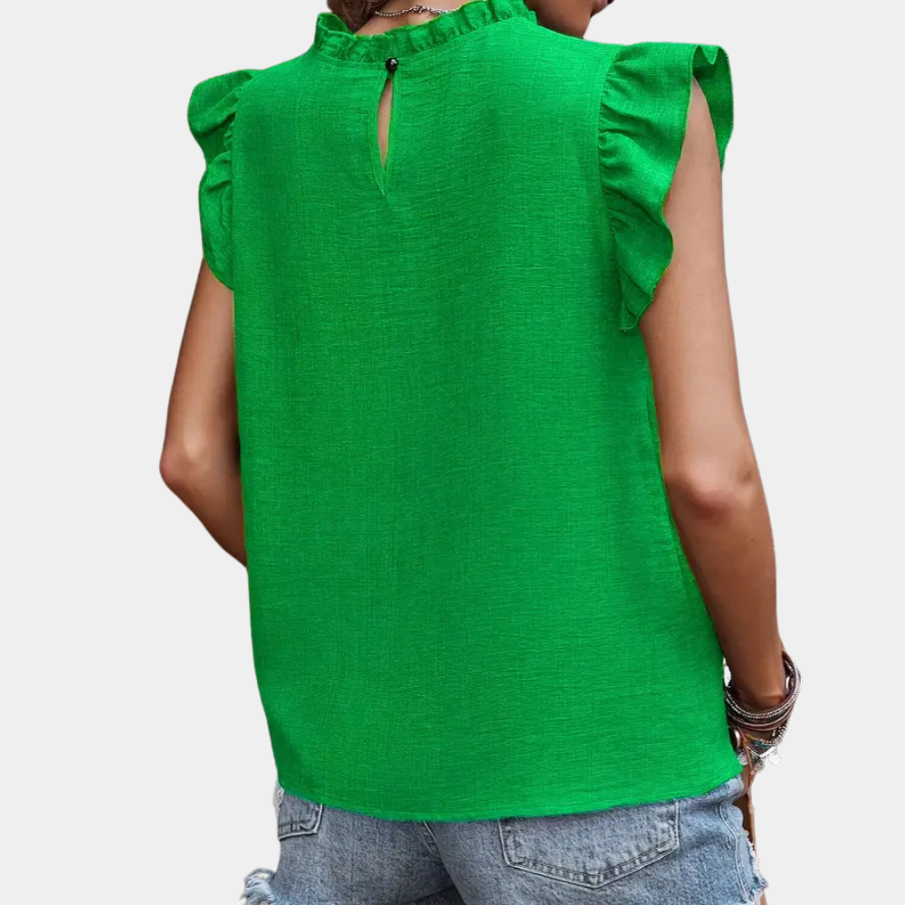 Grüne ärmellose Bluse mit Rüschen, Damenmode, Sommerkleidung, Freizeitlook.
