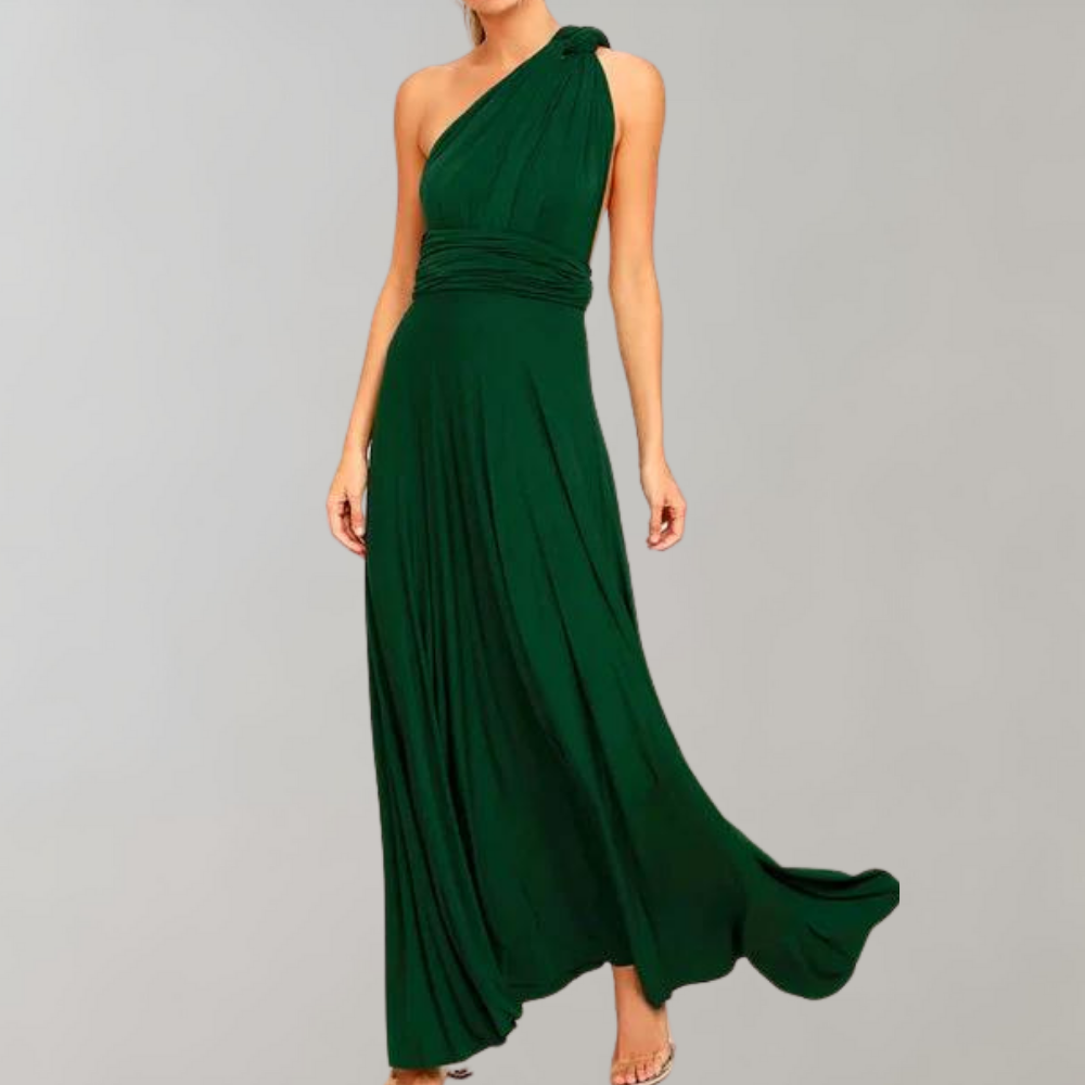 Grünes festliches Damen-Wickelkleid, bodenlang, ärmellos, elegantes Design für Hochzeiten.