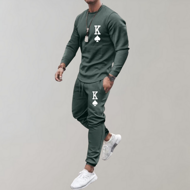 Grüner Herren-Trainingsanzug mit Karo-Design, Langarm, Jogginghose, sportlich, bequem.