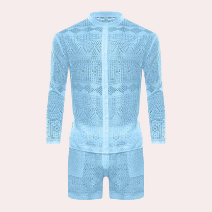 Hellblauer, durchsichtiger Spitzenanzug für Herren, langärmelig, modisch, Sommerkleidung.