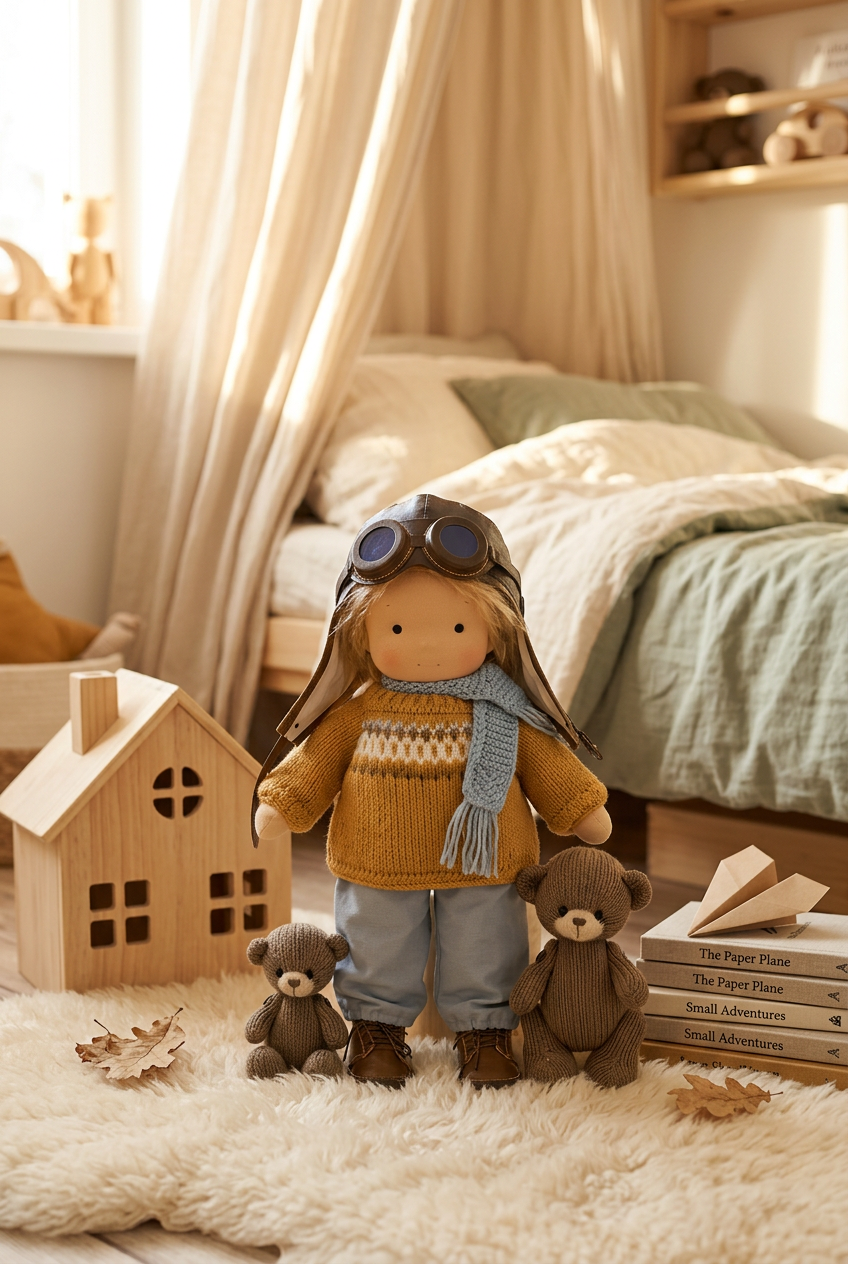 Standing soft doll in aviator cap, goggles and knit sweater, with two small knitted bears in a cozy bedroom 1