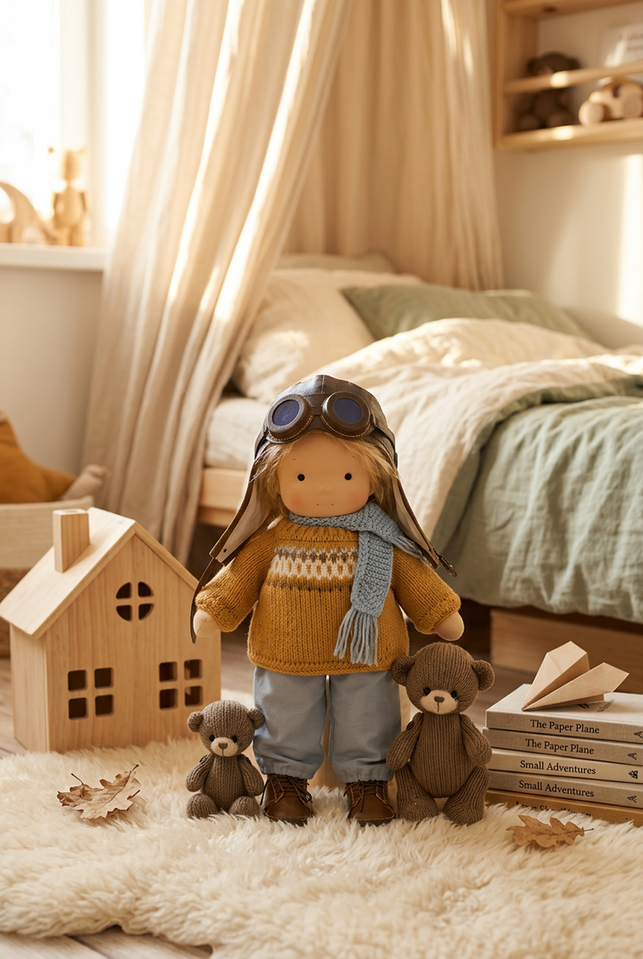 Standing soft doll in aviator cap, goggles and knit sweater, with two small knitted bears in a cozy bedroom 1