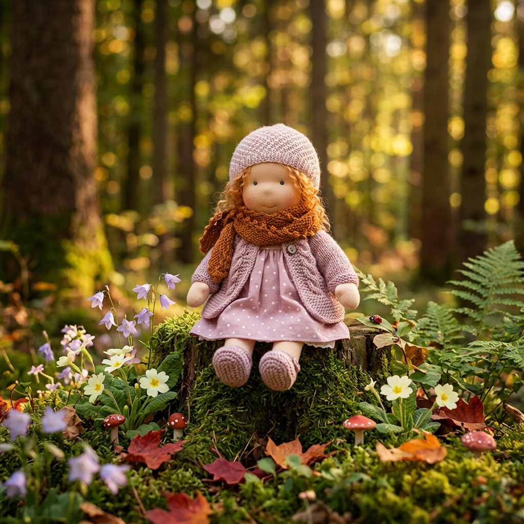 Soft doll with curly hair in a pink knit cardigan and dotted dress sits on a mossy stump 1