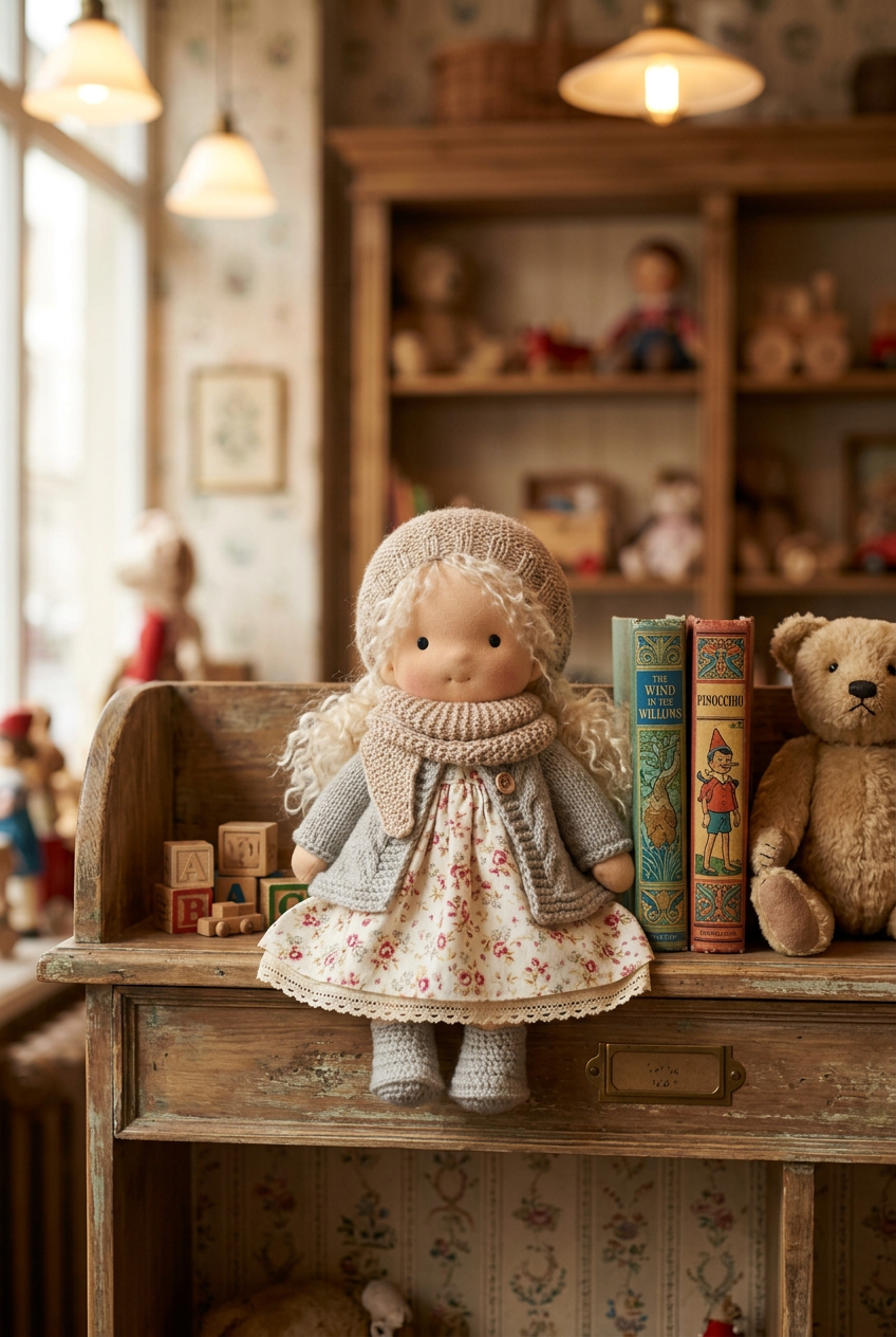 Cloth doll with blonde curls in a knit hat, scarf and floral dress on a vintage shelf 1