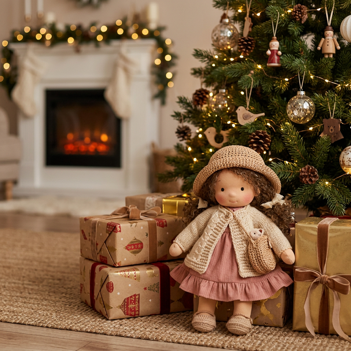 Curly-haired cloth doll in a straw hat and knit cardigan sitting by gifts under a Christmas tree 1
