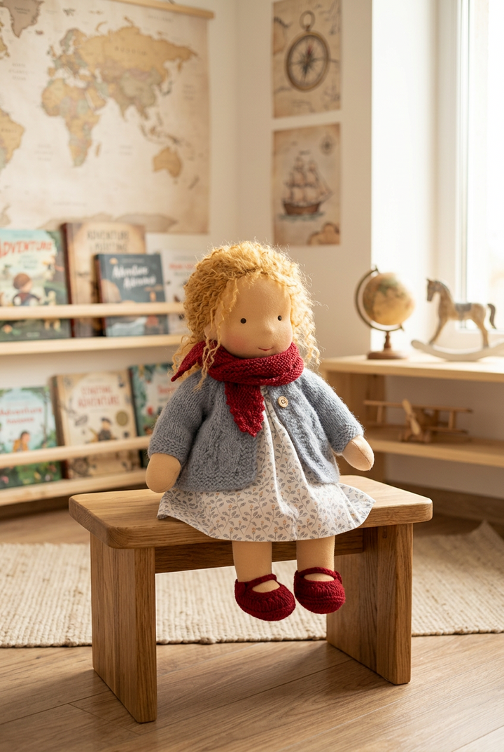 Curly-haired fabric doll in a gray knit cardigan, red scarf and shoes sitting on a wooden stool 1