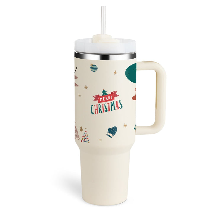 Insulated Mug with Handle and Straw - ChillMate-Christmas beige-1200 ML-Nora Luxe