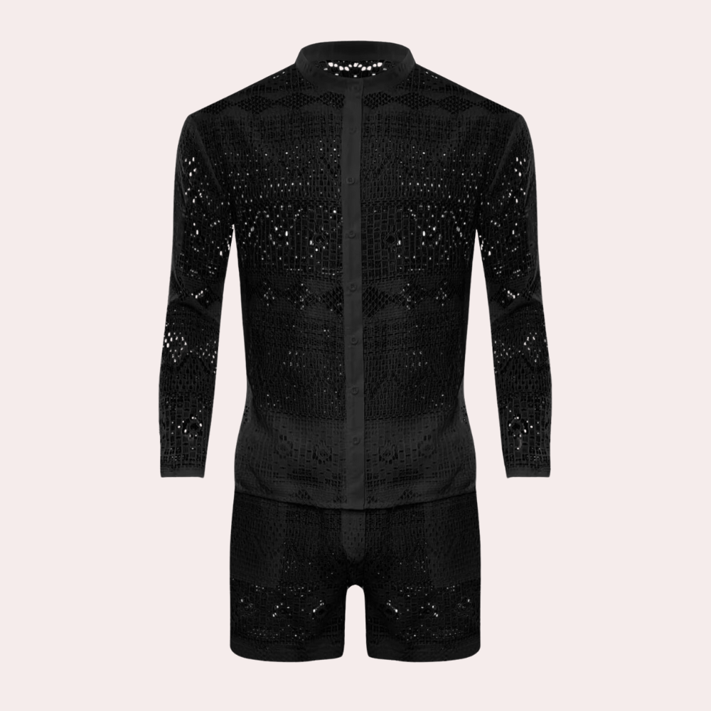 Schwarzer Spitzen-Overall, langärmelig, Knopfleiste, elegantes Design, Herrenmode.